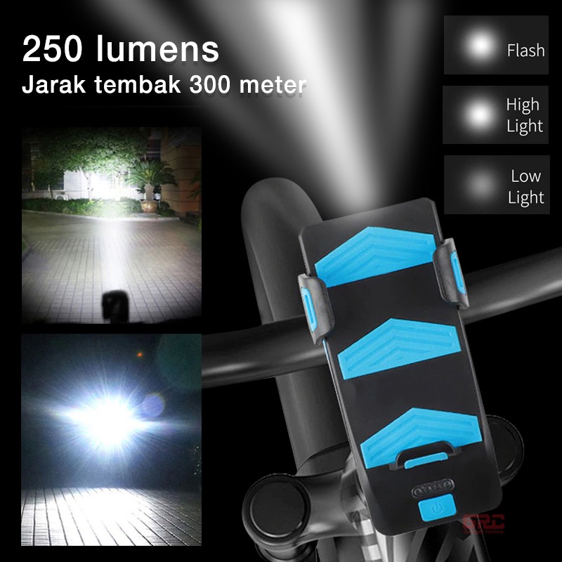 Lampu Sepeda Depan 4 in 1 Phone Bracket Light Bike Bell Power Bank