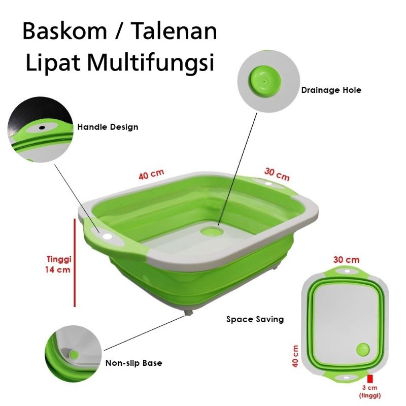 Baskom / Talenan Lipat 3 In 1 Multifungsi Tirisan Buah Sayur Anti Slip Telenan Keranjang Buah Sayur