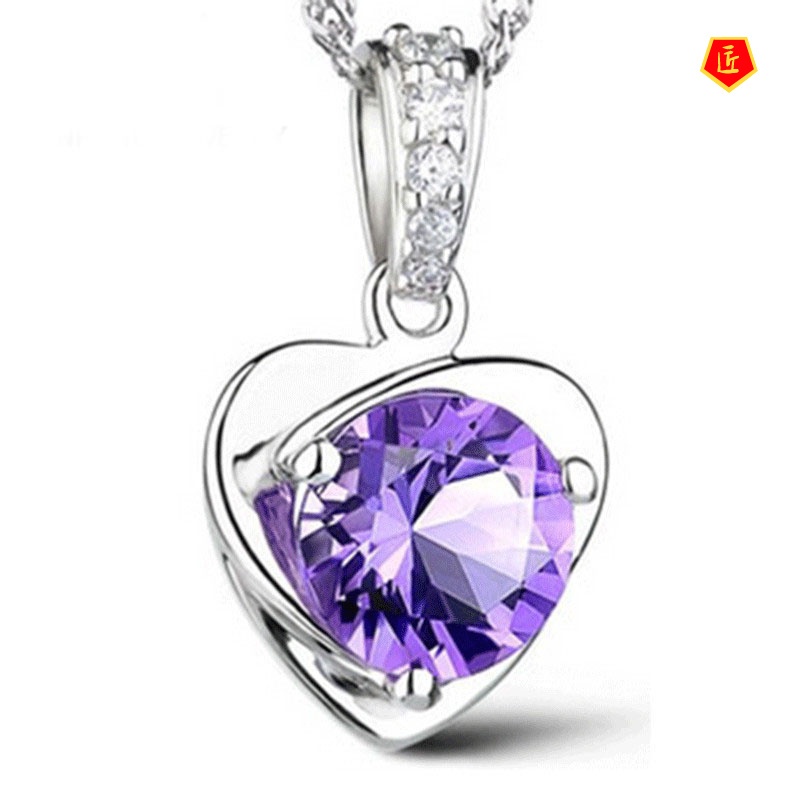 [Ready Stock]Love Heart-Shaped Silver Necklace Women's Korean Fashion Simple Amethyst Pendant