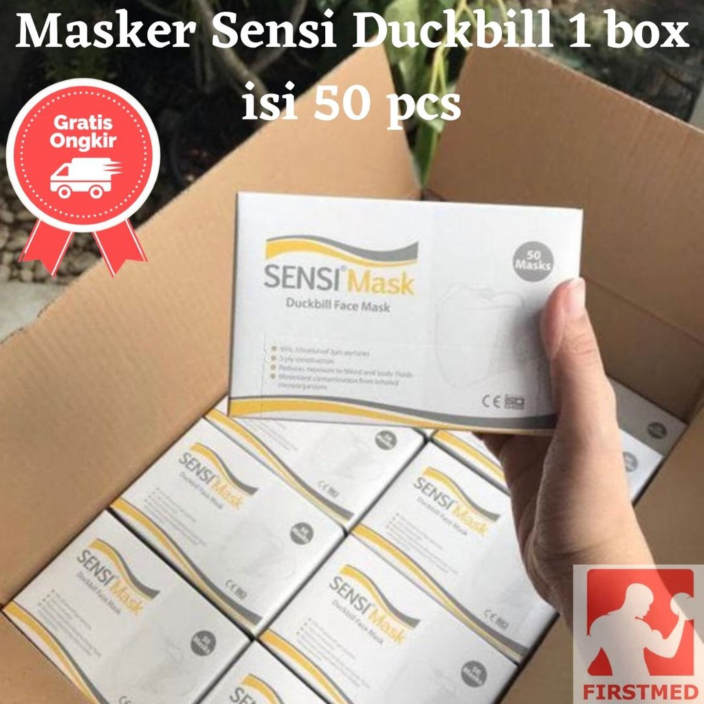 MASKER SENSI DUCKBILL 1 BOX ISI 50 PCS ORIGINAL 100% 3 PLY EARLOOP MASKER DUCKBILL SENSI PUTIH 50S