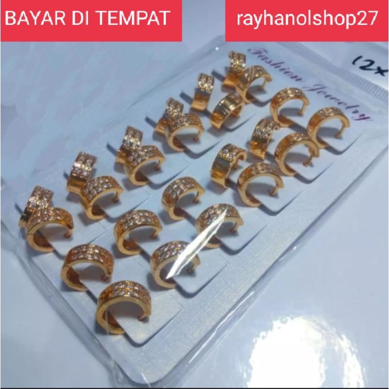 ( HARGA GROSIR ) 12 pcs Anting jepit wanita Titanium gold permata