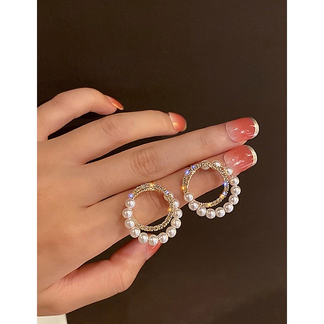 LRC Anting Tusuk Fashion Silver Needle-geometry Pearl Ring Geometric Diamond Y62024