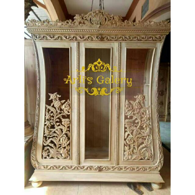 Almari hias pajangan biola 3 pintu mentahan kayu jati furniture jepara