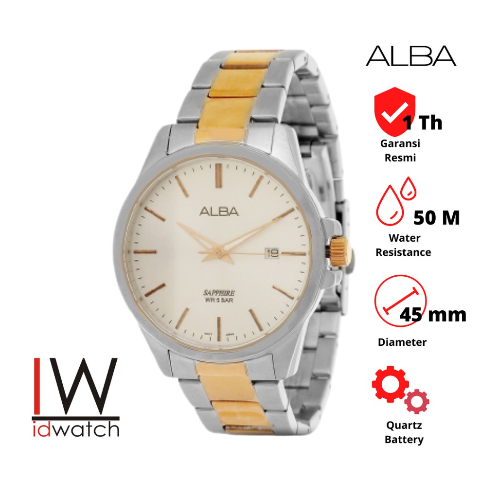 Alba AS9J04X1 Jam Tangan Pria Original AS904 Cowok Klasik Rose Gold Silver Strap Rantai Stainless