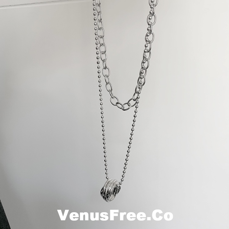 Kalung Rantai Panjang Liontin Cincin Ganda Warna silver Gaya hip hop Untuk Pria Dan Wanita