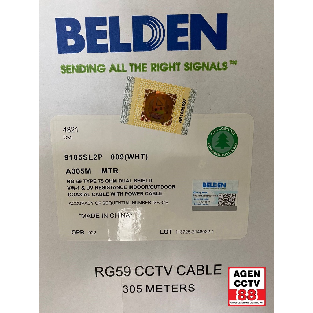 BELDEN RG59 Plus Power Kabel Coaxial CCTV 9105SL2P 305 Meter