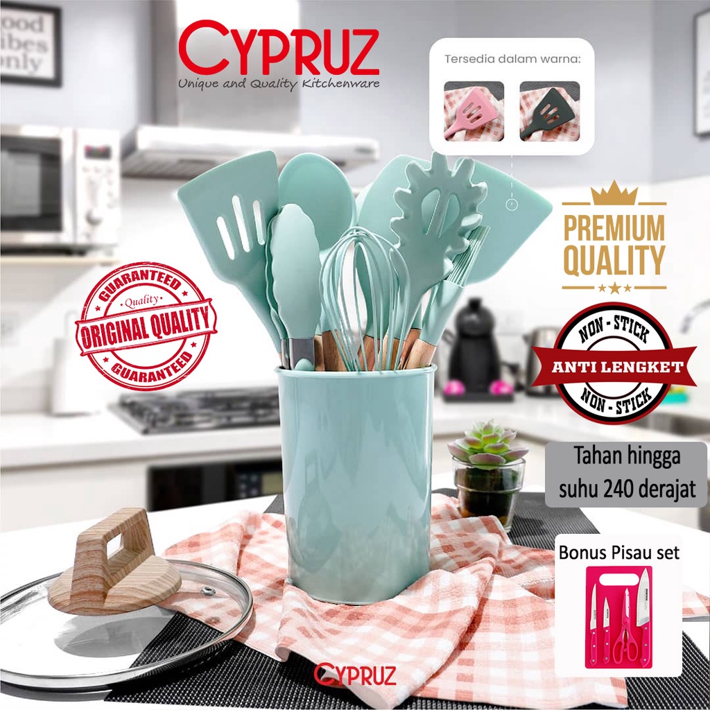 Cypruz Premium Spatula Silikon Set | Sutil Silikon Set Gagang Kayu Tahan Panas 240 Derajat 12pcs