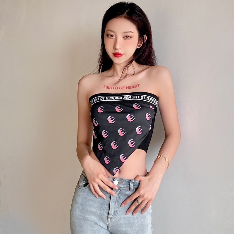 #Sisjuly# Manis Keren Gadis Lucu Huruf Pita Jahitan Terbalik Segitiga Bellyband Slim Fitting Rompi T