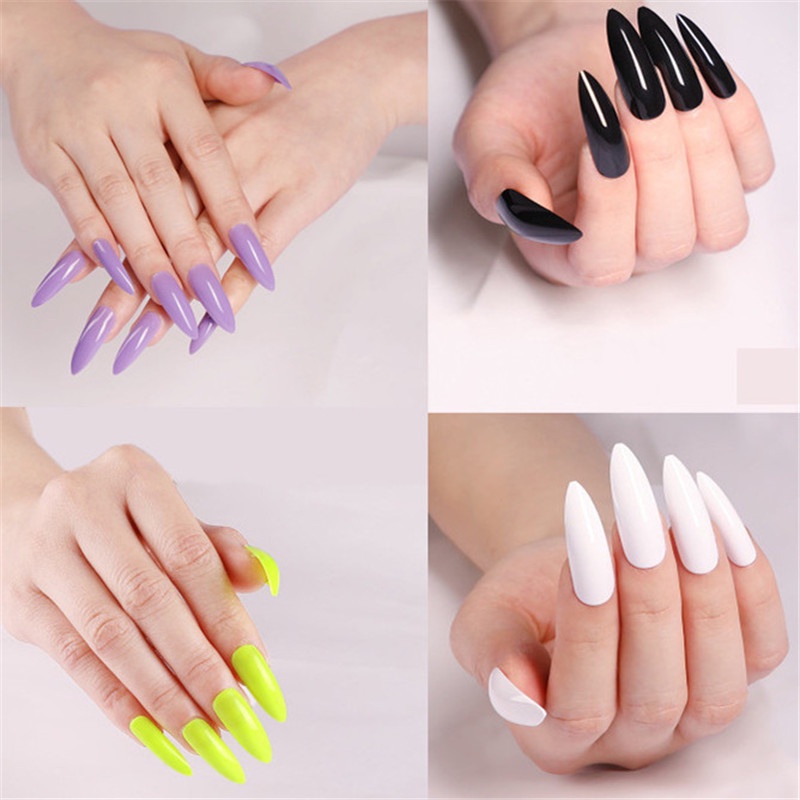 100pcs / Set Kuku Palsu Panjang Full Coverage Stiletto Ballerina Bahan Akrilik Warna-Warni Untuk Manicure