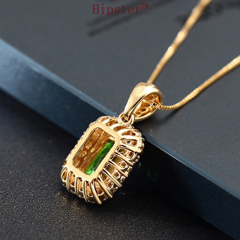 Hot Sale Luxury Square Full Diamond Natural Green Crystal Pendant Necklace