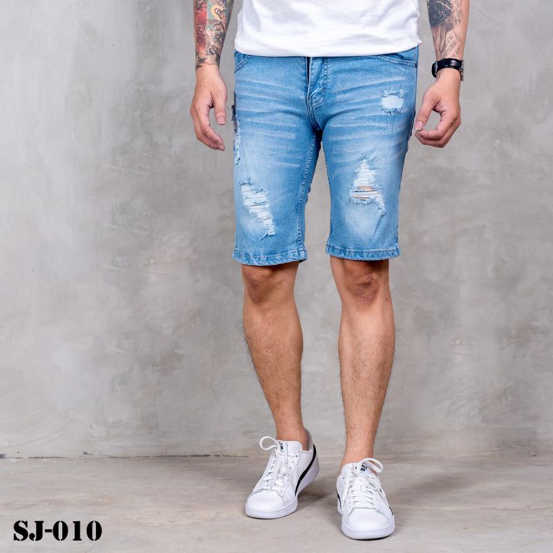 Celana jeans pria pendek sobek wisker premium distro