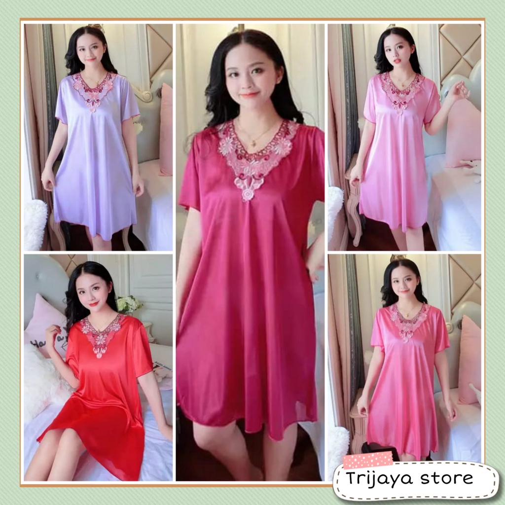 Trijaya . lingerie baju tidur wanita dress renda bunga pink new / lingerie dress sexy bahan satin import