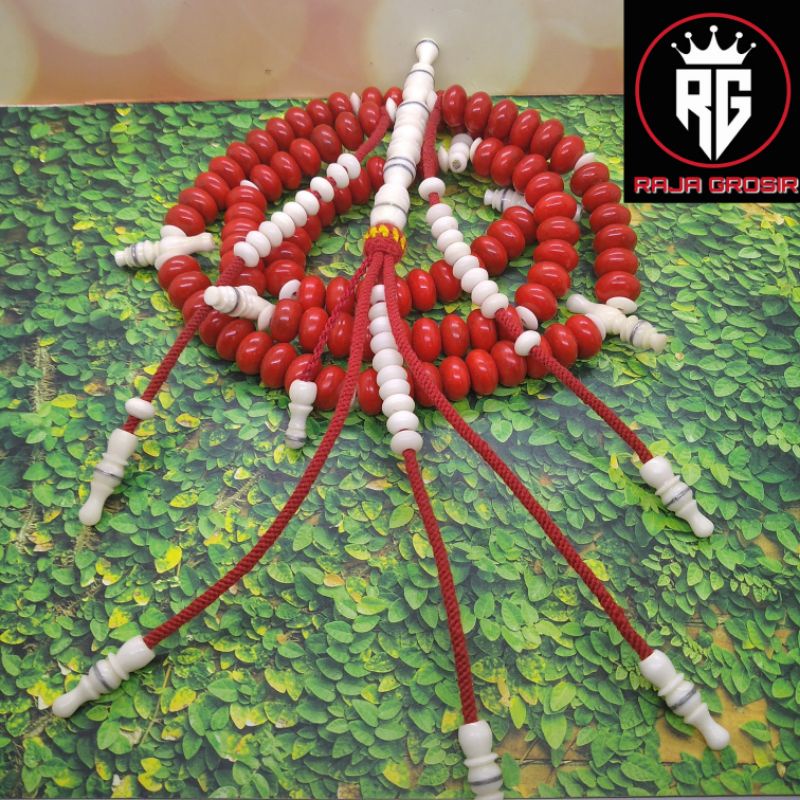 tasbih thoriqoh tijani/tasbih tijaniah/tasbih atijani batu marjan merah kombinasi tulang bulat