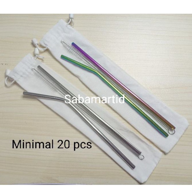 Souvenir sedotan stainless set rainbow silver kemas pouch