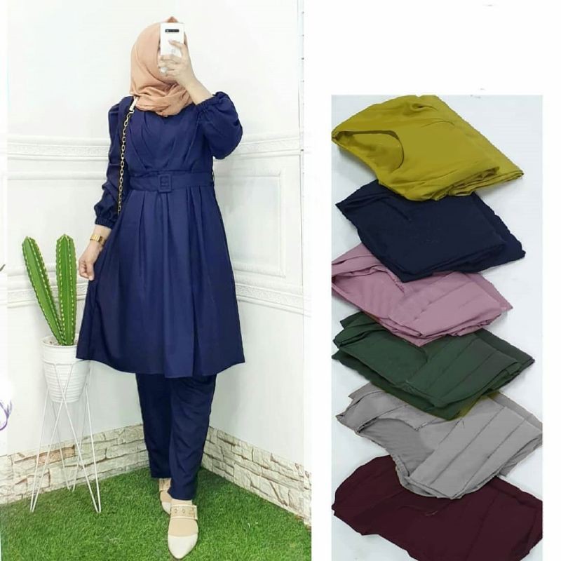 SET CELANA TUNIK FENITA, MOSCREPE PREMIUM, GAMIS HIJAB MUSLIM, SETELAN, 2 UKURAN