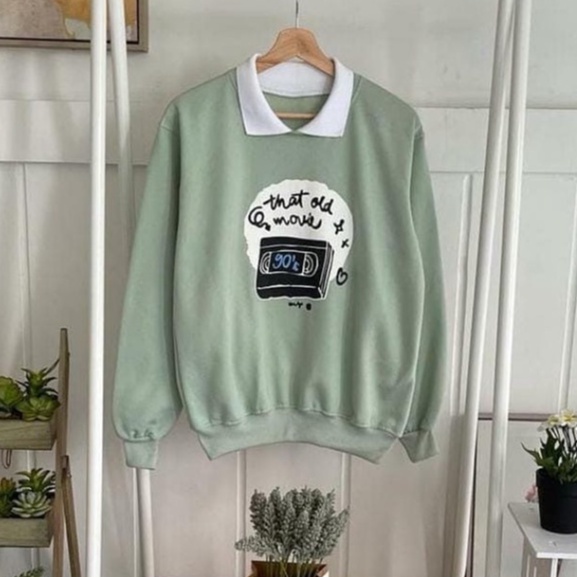 COD - Old Movie Sweater Combi Kerah Premium Fleece Tebal Outerwear Remaja Wanita Korean Style-2
