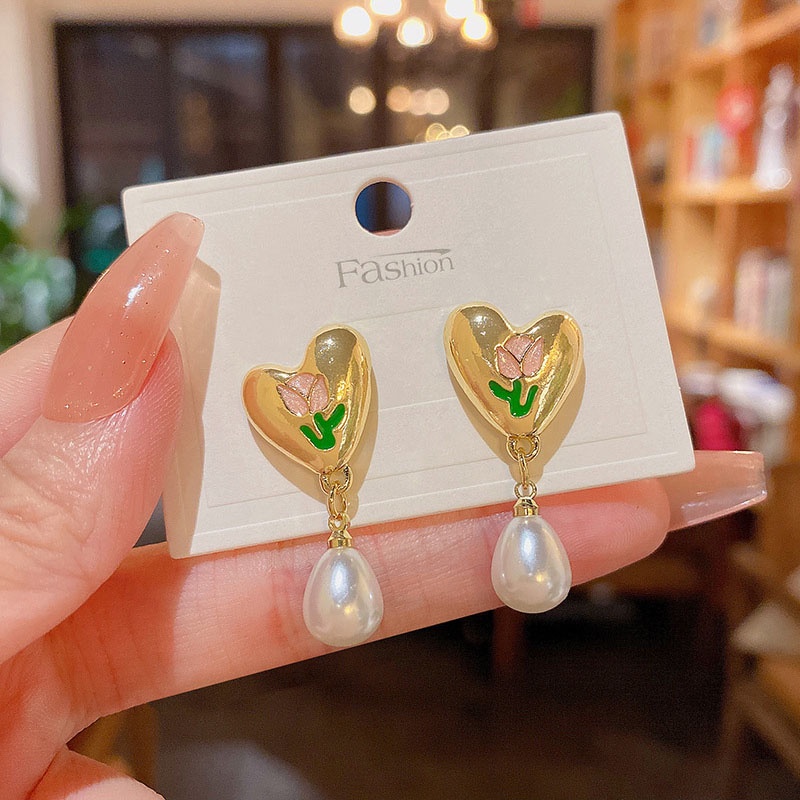 Anting Tusuk Gantung Bahan Sterling silver 925 Desain Bunga Tulip + Hati + Mutiara Gaya Mewah Untuk Wanita