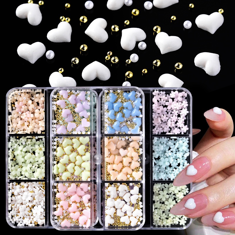 12 / 6 Grid Manik-Manik Permata 3D Bentuk Bunga Beruang Putih Bahan Akrilik Untuk Dekorasi Nail Art