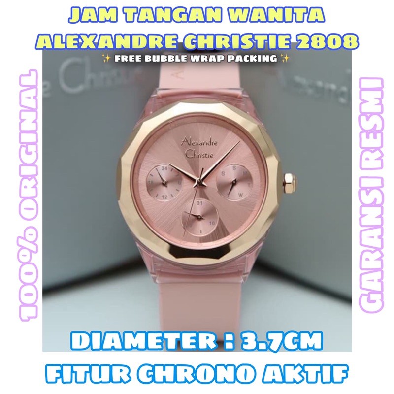 JAM TANGAN WANITA PINK ALEXANDRE CHRISTIE AC 2808 TALI KARET WARNA PINK