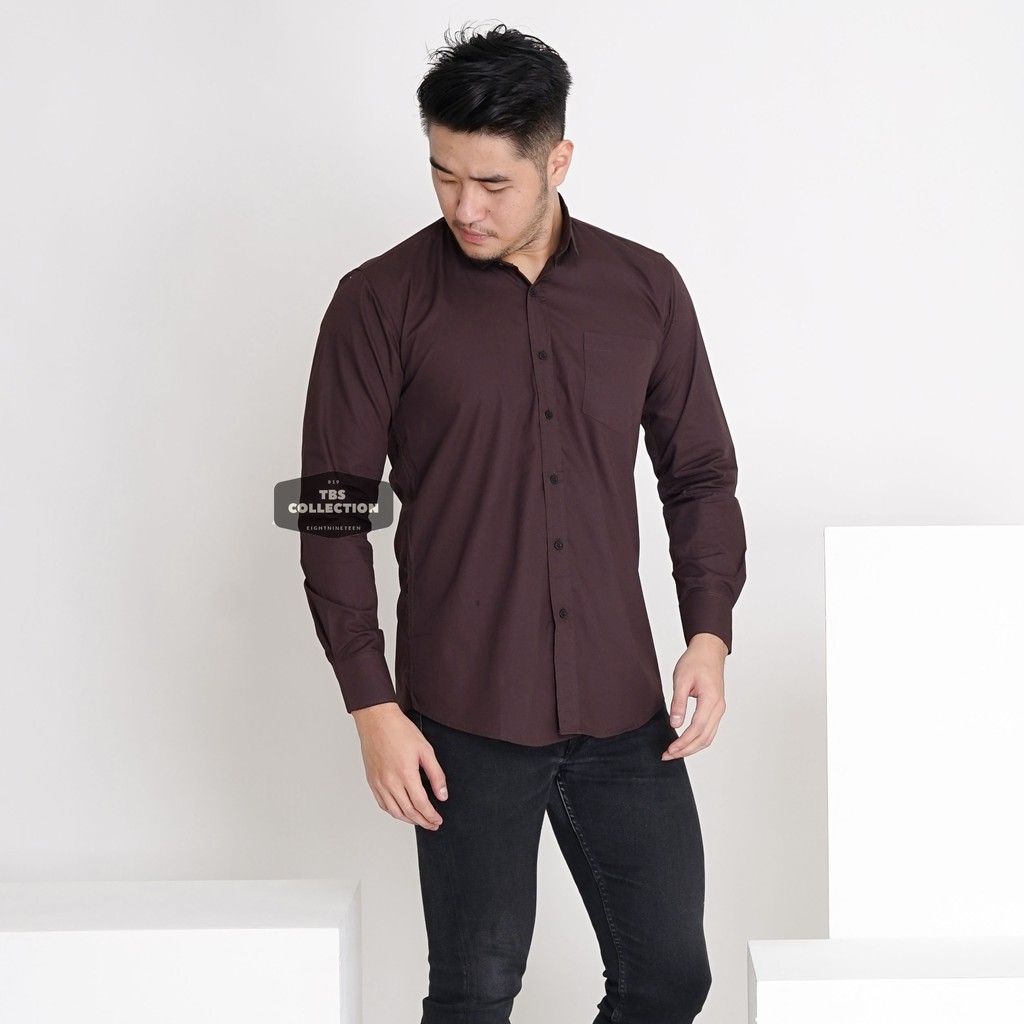 Kemeja Pria Lengan Panjang Polos Coklat Tua Dark Brown Kemeja Cowok Keren Casual Slimfit 3242