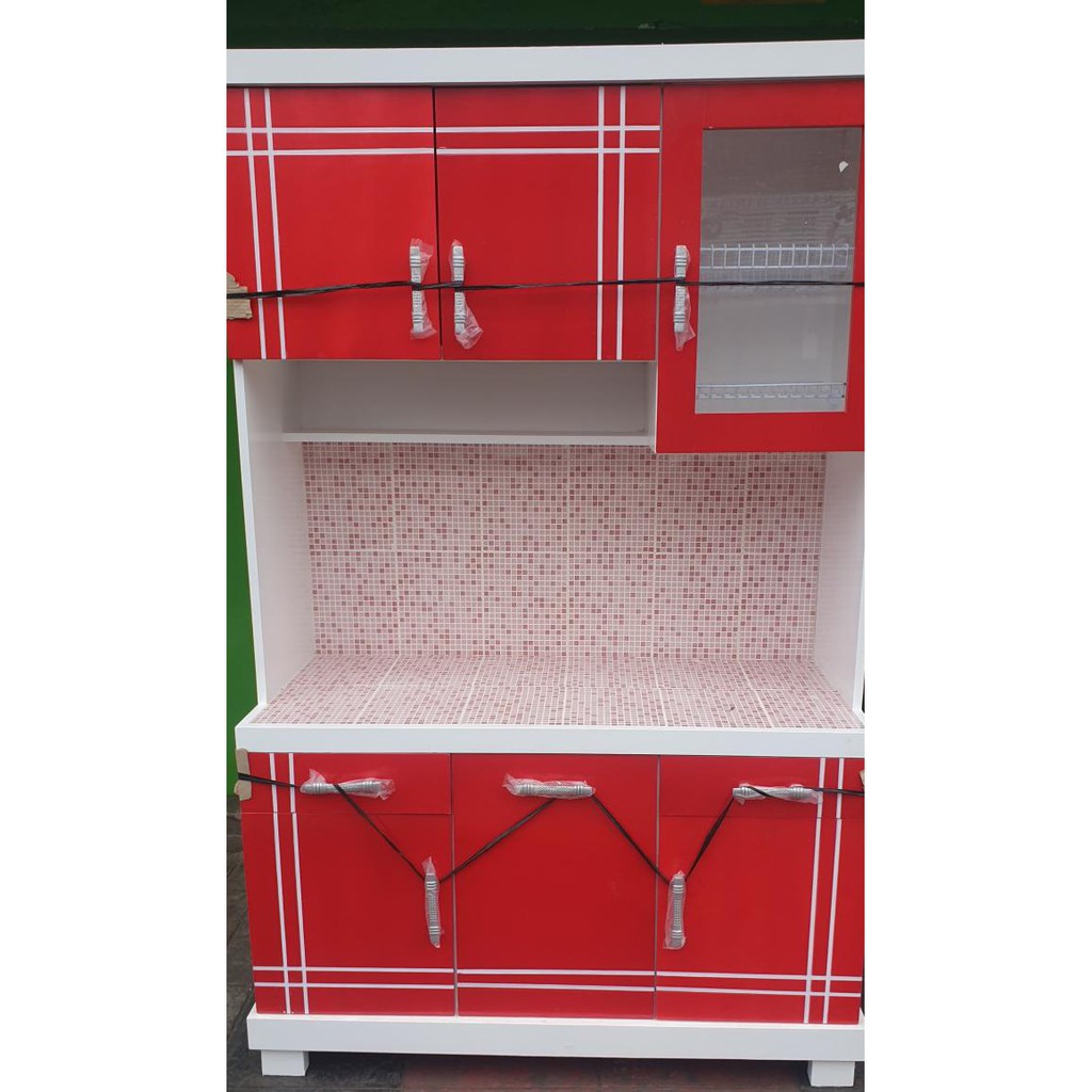 Update Lemari dapur piring kayu tikblok 3 pintu hitam putih minimalis - Merah