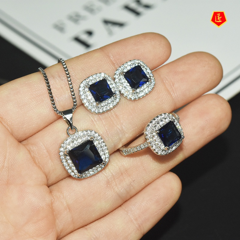 [Ready Stock]Elegant Square Moissanite Ring Ear Stud Necklace