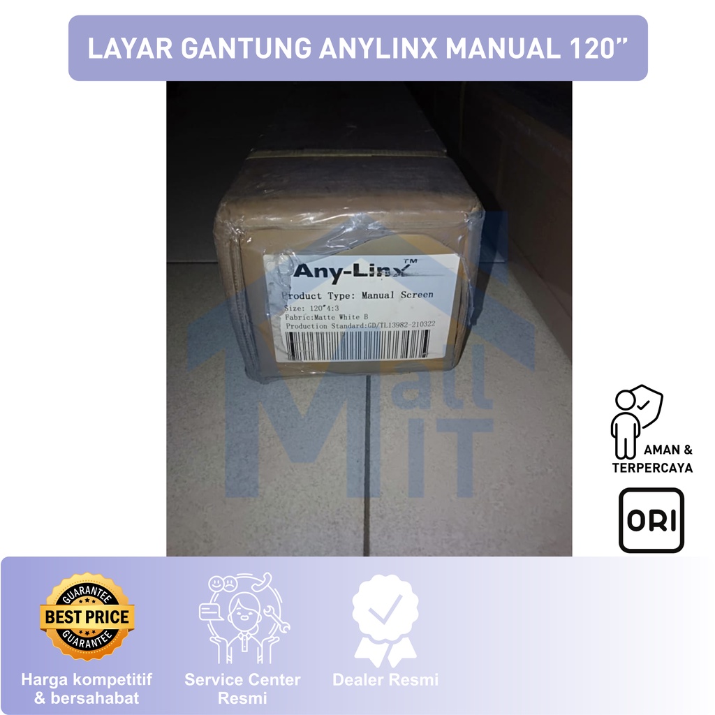 Layar Manual Gantung Proyektor Projector ANYLINX 4:3 120 inci 1. 8 m x 2.34 m