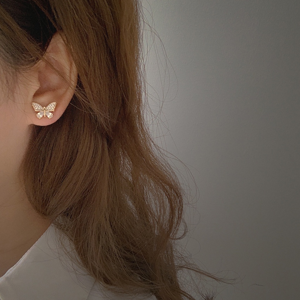 Hu Hu Hu Hu Hu Alat Bantu Pasang Kacamata♡ 1 Pasang Anting Stud Bentuk Kupu-Kupu Aksen Berlian Imitasi Untuk Wanita