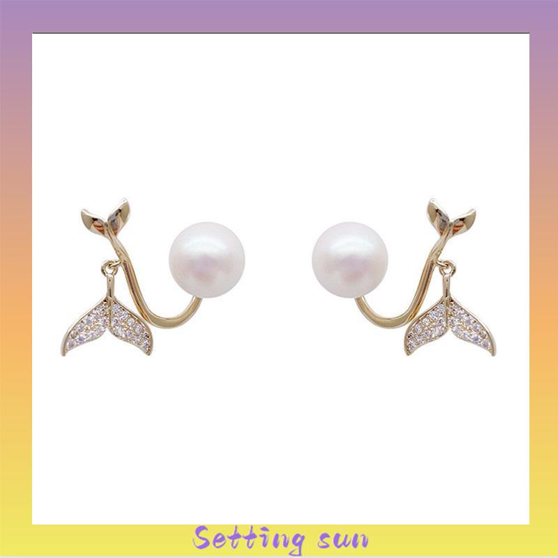 Pearl Fishtail Back Hanging Earrings Wanita High-end Cahaya Mewah Penuh Berlian Anting Geometris TN