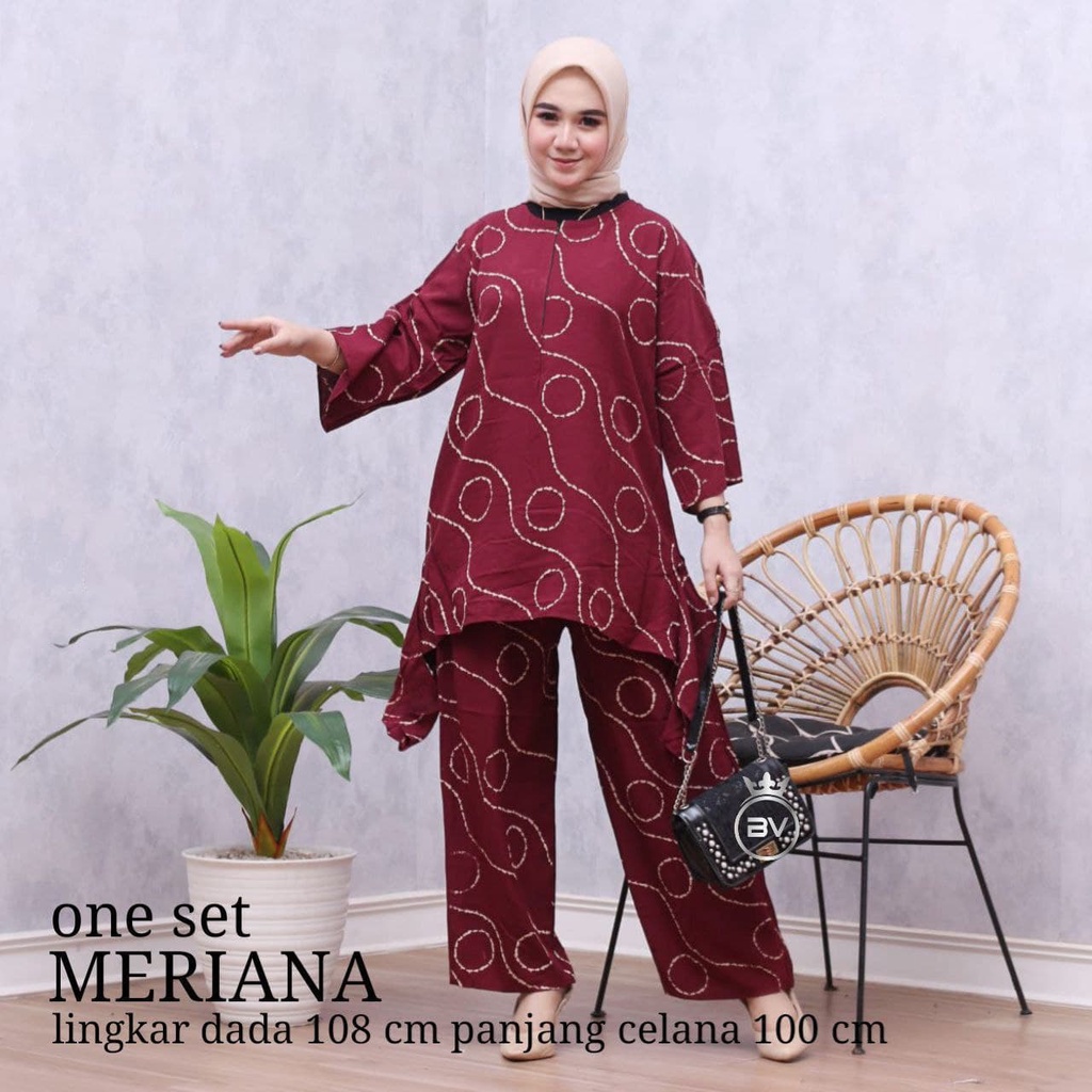 Meriana Set - One Set Wanita Rayon Premium Setelan Wanita Batik Lengan 7/8 Set Celana Kekinian LD 108 cm