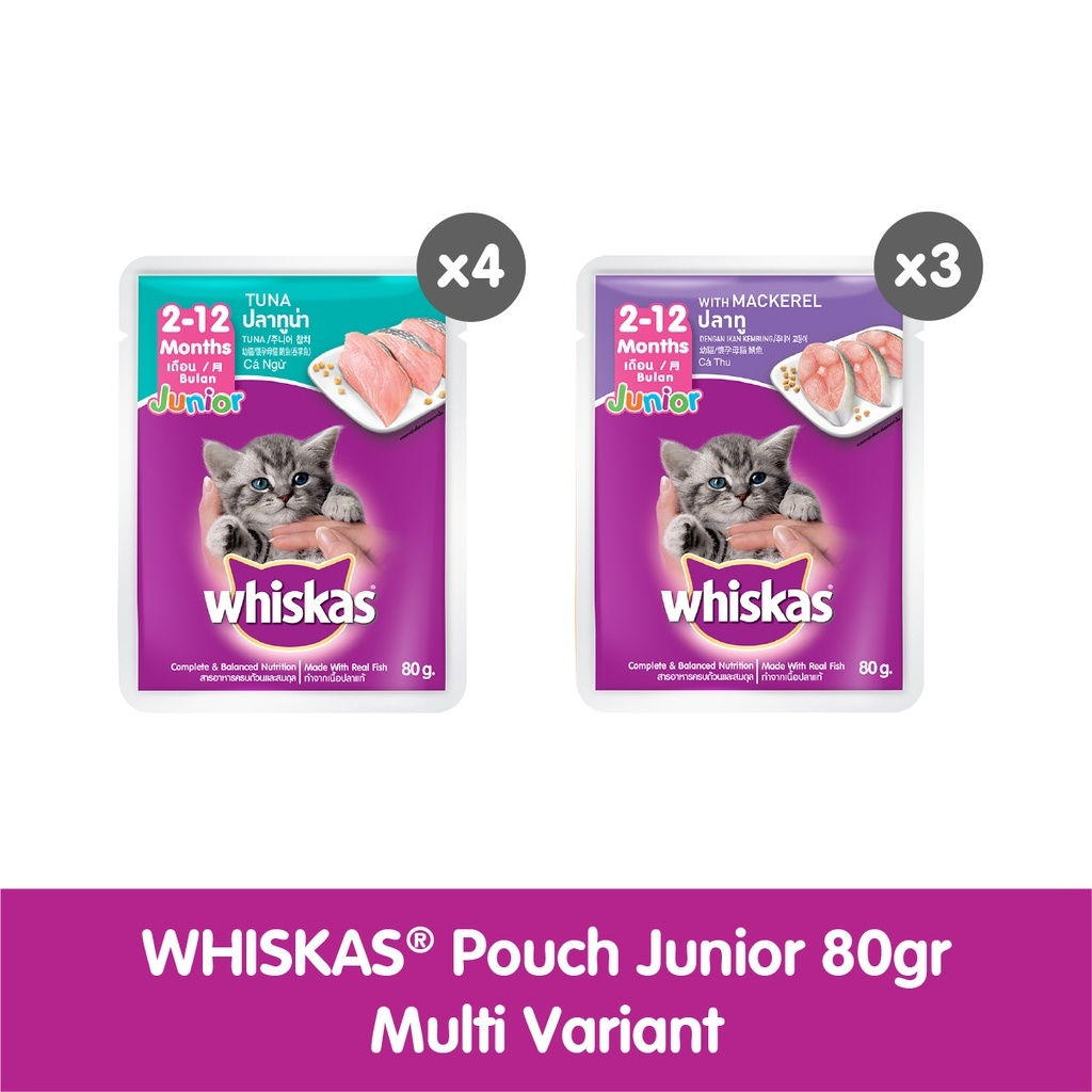 WHISKAS® Makanan Anak Kucing Basah Pouch Multi Variant 80g  - isi 7