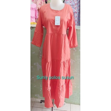 Gamis Sunly Susun midi polos Tangan 3/4 Uk 14 16 18 20 22 24 Gamis katun