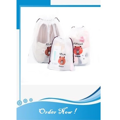 BIO - Kantong Serut Transparant Popular Broun /Pouch Traveling