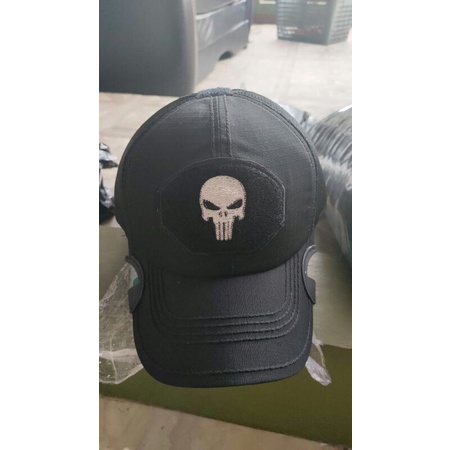 Topi Hitam Kain Jaring Model Cowak Logo Bordir Punisher