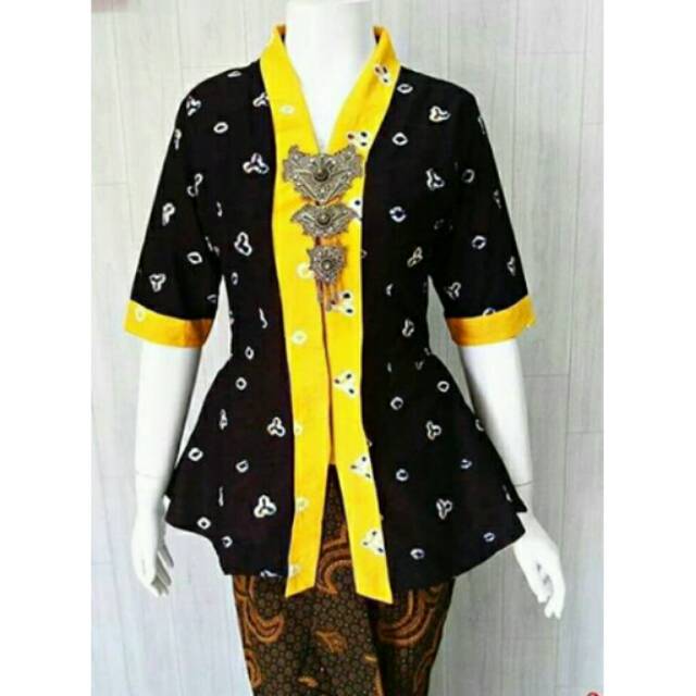 Blouse kutu baru kartini jumputan hitam list kuning bahan katun kancing depan lengan panjang