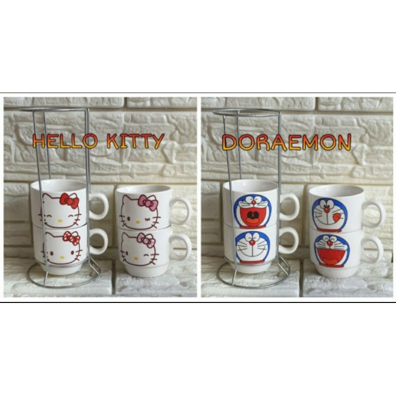 gelas susun 4 + rak Hello kitty Doraemon