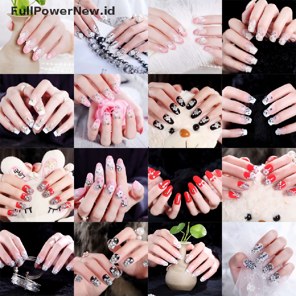 24pcs / Set Kuku Palsu Transparan Motif Bunga Aksen Manik-Manik Untuk Nail Art / Manicure Diy