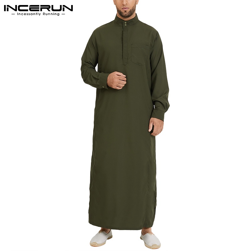 Incerun Pria Muslim Islam Kaftan Arab Longgar Lengan Panjang Pria Thobe Jubah Vintage 2022 Dubai Arab Saudi Kaftan Pakaian Pria S 5XL