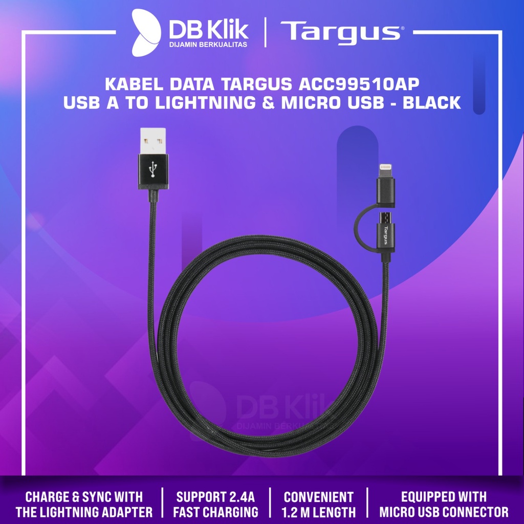 Kabel Data Targus ACC99510AP USB A to Lightning &amp; Micro USB 1.2M 2.4A - BLACK