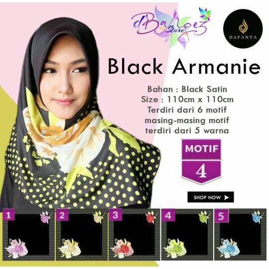 HIJAB SEGIEMPAT BLACK ARMANIE SATIN MOTIF 4 BY DAFANYA - JILBAB MURAH