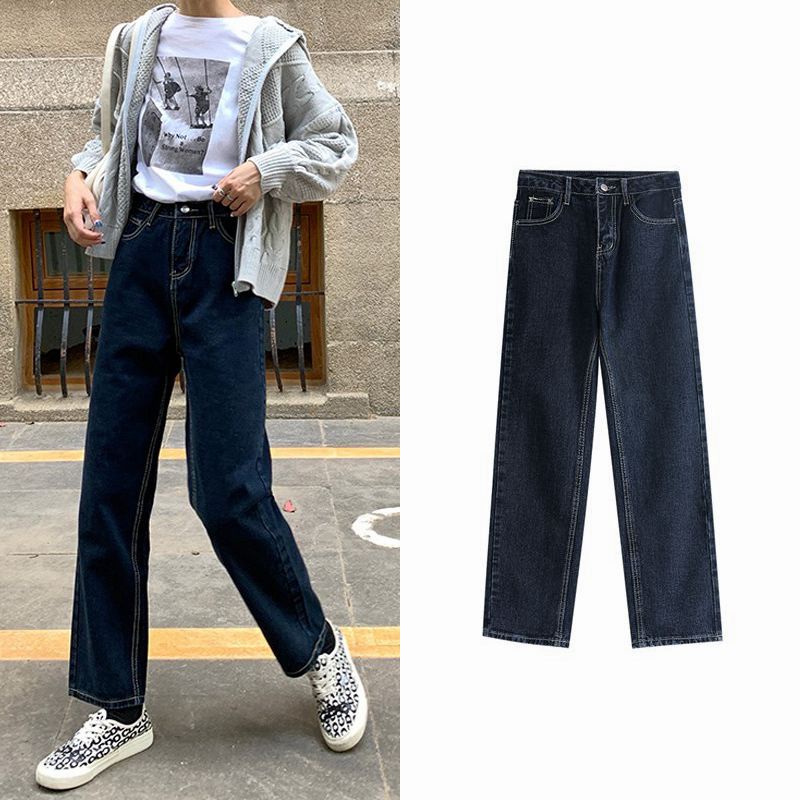 Celana jeans wanita high waist celana panjang retro fashion Korea style loose jins