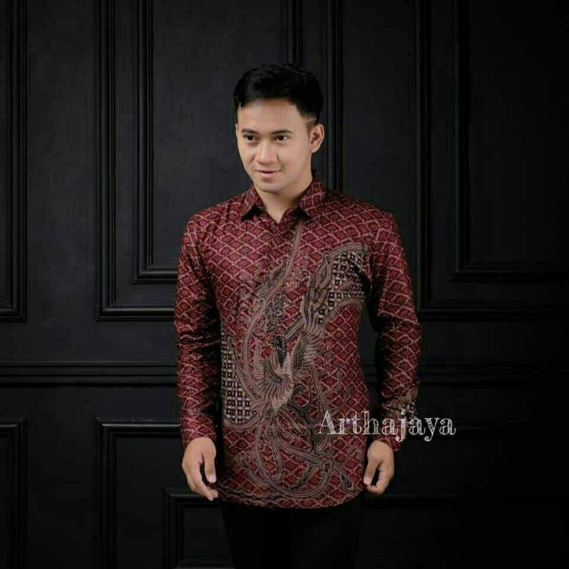 Batik Pria Lengan Panjang BATIK AZMIL HRB026 motif KERATONAN Kode 002 size M L XL XXL Reguler-Ponix merah