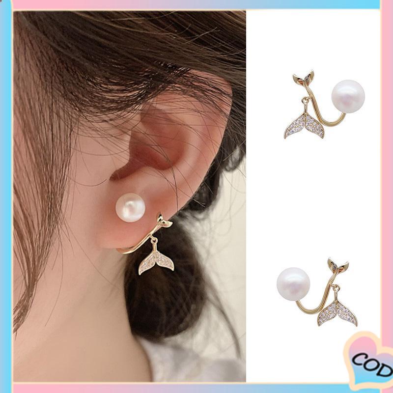 COD❤️ Pearl Fishtail Back Hanging Earrings Wanita High-end Cahaya Mewah Penuh Berlian Anting Geometris-A.one