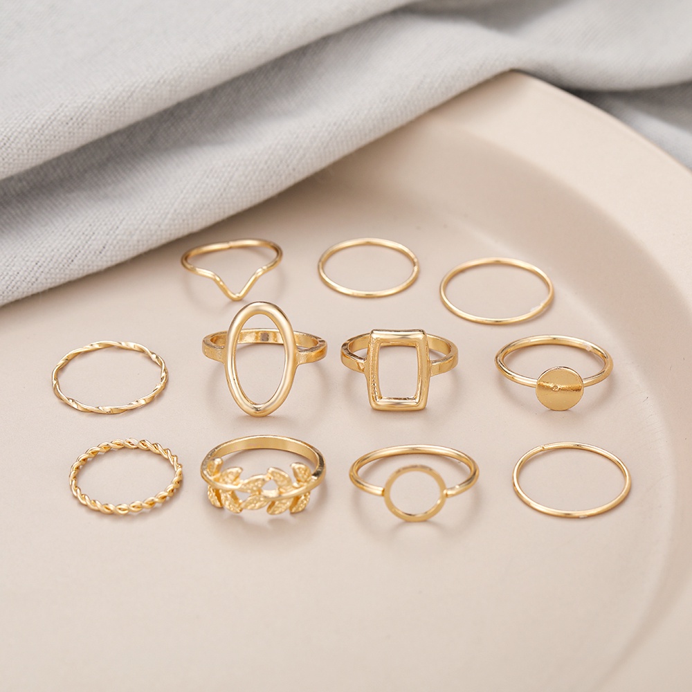 AY(CN) 11pcs/set Korean Fashion Geometric Plain Circle Leaf Ring Gold Silver Rings Women Jewelry Accessories