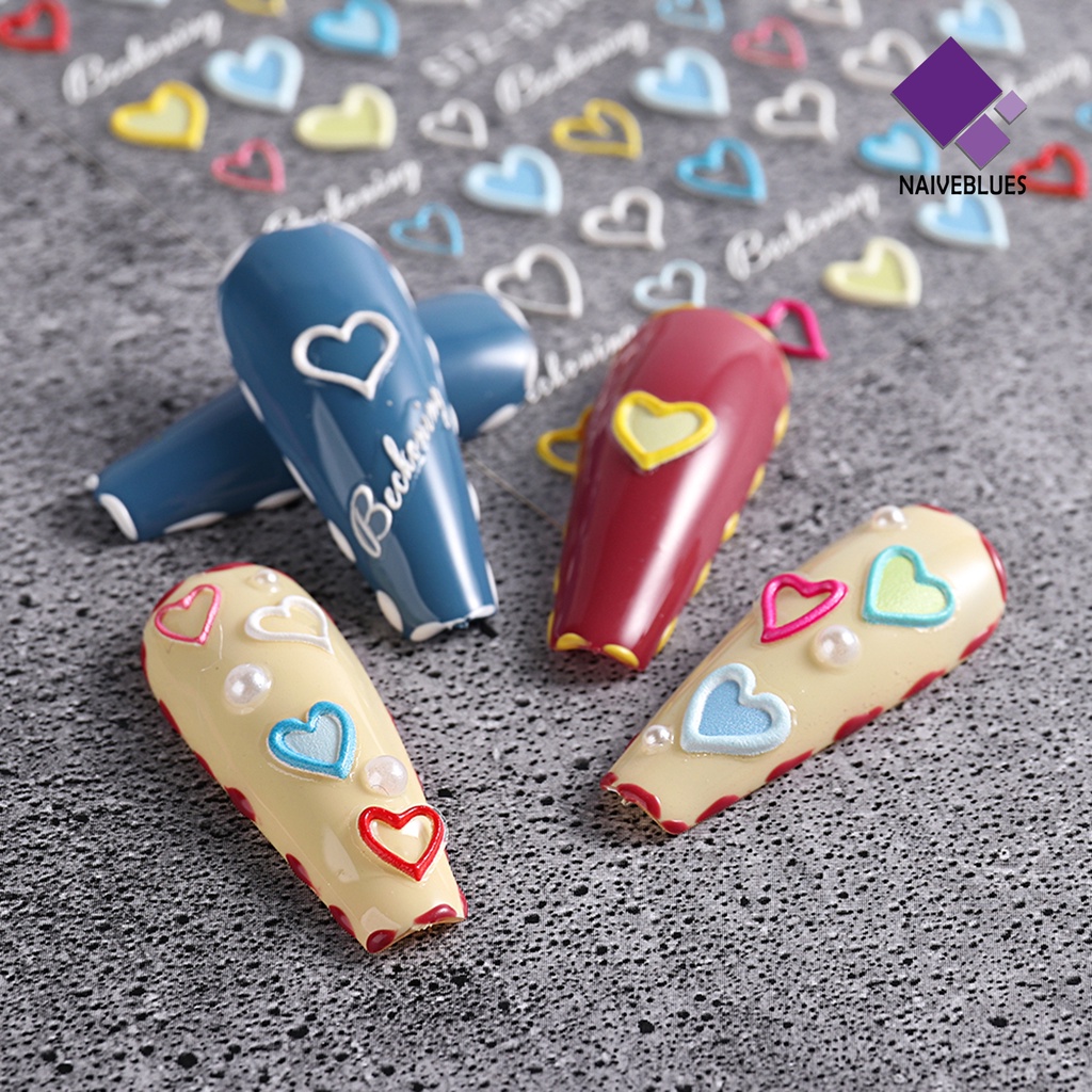 Naiveblue &gt; Stiker Kuku 3D Motif Hati / Bunga Tahan Air Untuk Nail Art