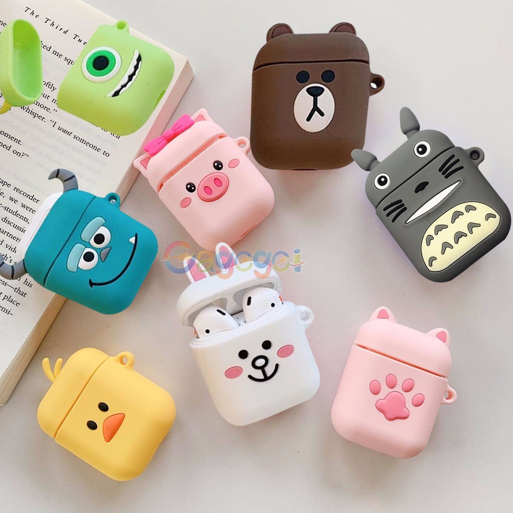 Case Pelindung Bahan Silikon Motif Kartun Dengan Pengait Untuk Airpods 1 / 2 i12