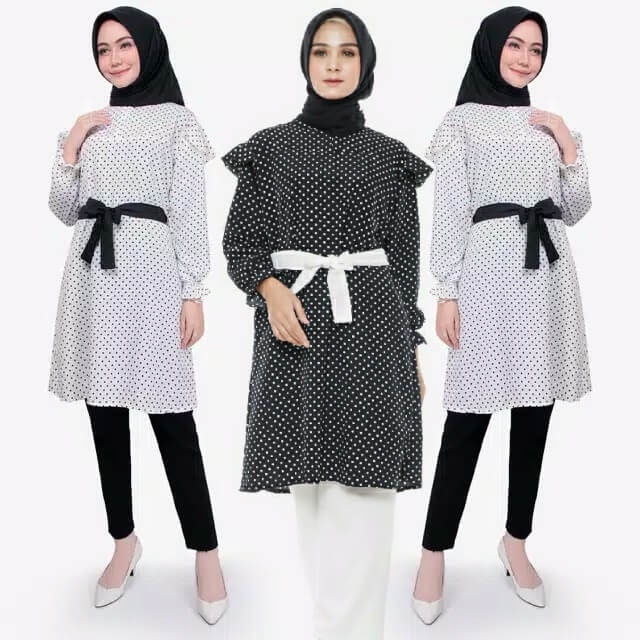 Tunik Wanita Terbaru Kekinian Baju Atasan Tunic Muslim Motif  Hitam Black Putih Polkadot Remaja Dewa