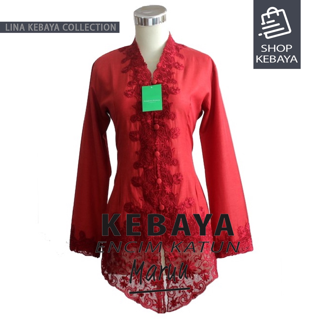 Kebaya Encim Kartini Katun Bordir Modern Merah Marun Lengan Panjang Bigsize Jumbo