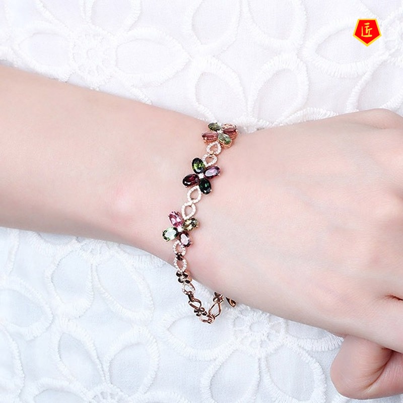 [Ready Stock]Fashionable Rose Gold Flower Colored Gems Bracelet