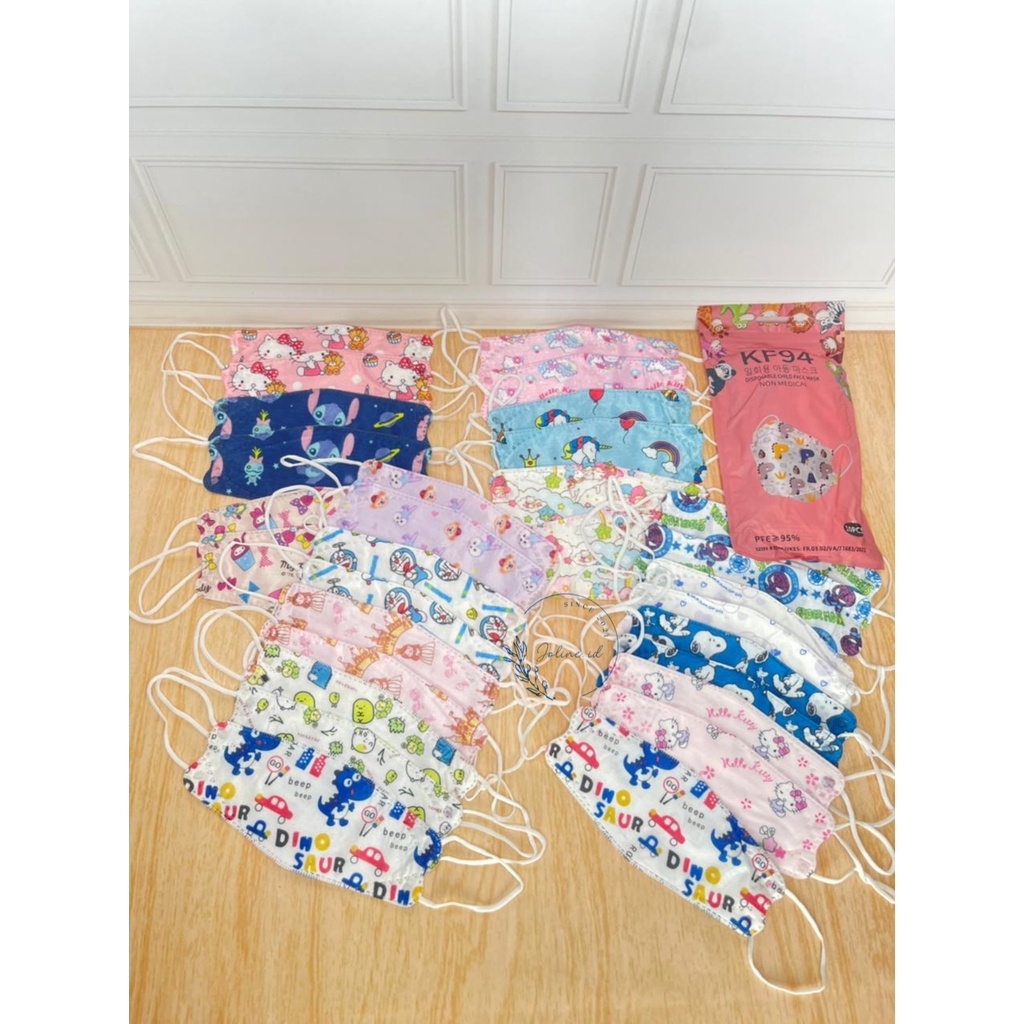 MASKER KF94 ANAK PREMIUM MOTIF COWO CEWE / MASKER ANAK KF94 4 PLY MOTIF TERBARU WARNA WARNI / KF94 KIDS KOREA 4PLY MOTIF LUCU ISI 10 PCS / MASKER ANAK IMUT KARAKTER PRINCESS, HELLO KITTY, UNICORN, BT21, STELLA LOU, SPIDERMAN, DORAEMON, STITCH